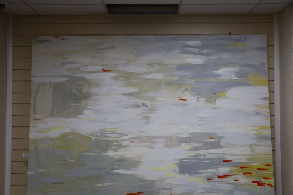 Suling Wang (1968, Taiwanese) Mute swans flying over a lake 95.5 x 79in.